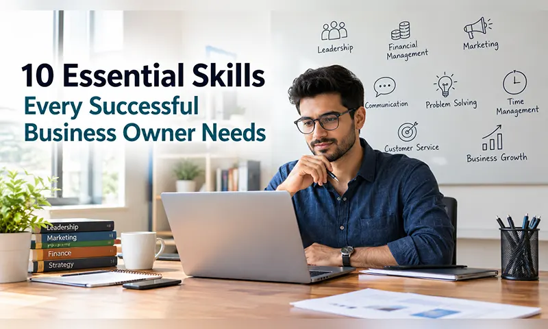 10 Essential Skills Every Successful Business Owner Needs Successful Business Owner developing essential skills in leadership, financial management, marketing, and customer service