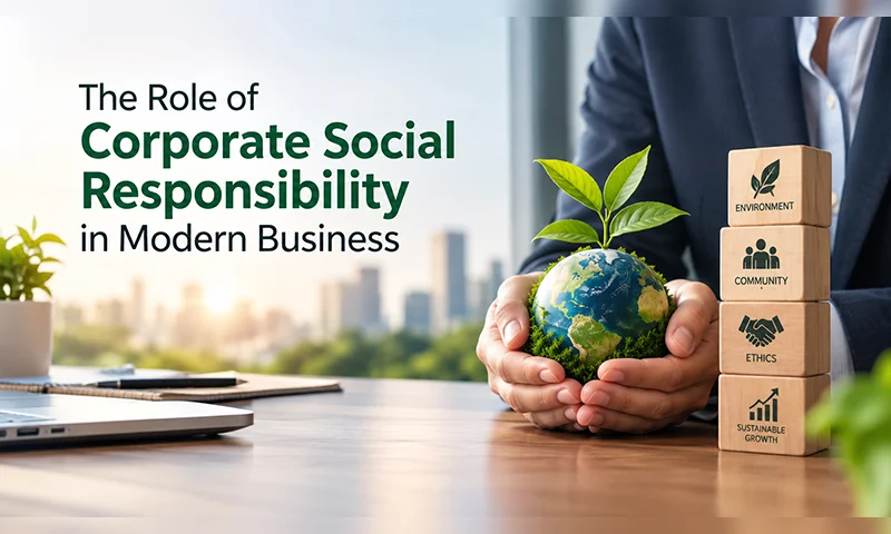 The Role of Corporate Social Responsibility in Modern Business Corporate social responsibility in modern business, highlighting sustainability, ethical business practices, employee welfare, and community development.